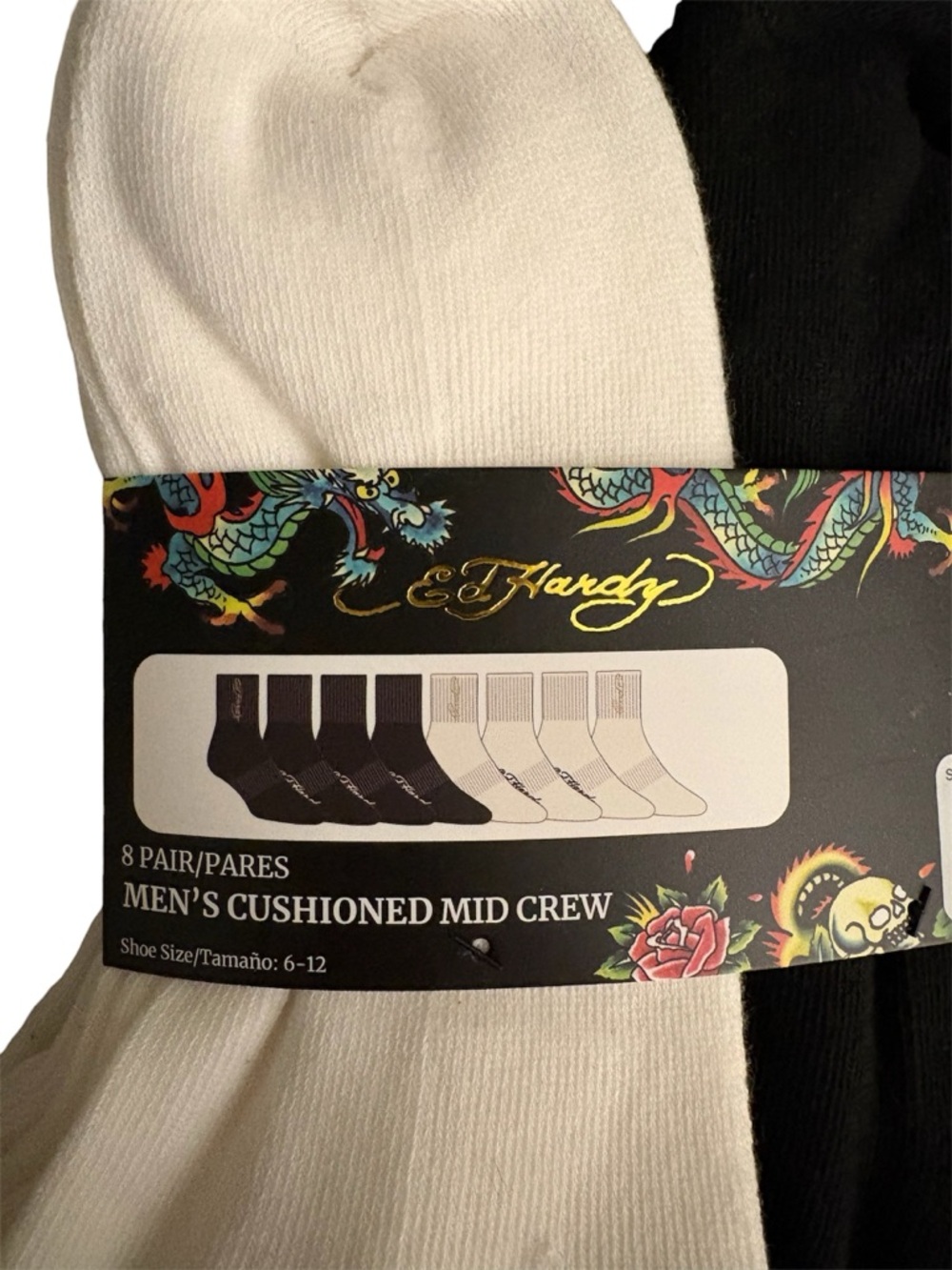 Ed Hardy Black & White Mid Crew Socks 8 Pack NWT - Picture 3 of 3